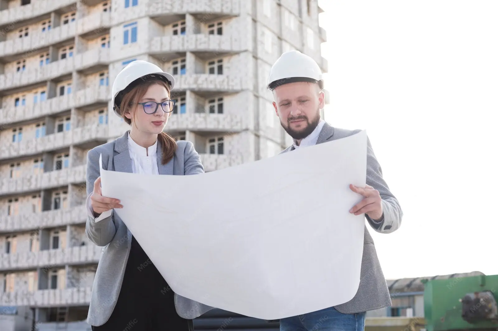 שני אנשי מקצוע בוחנים תוכנית בנייה מול אתר בנייה פעיל